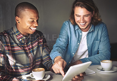 Buy stock photo Men, tablet and talk for planning in cafe, teamwork and remote work for startup company. Partners, collaboration and journalism in coffee shop, speaking and support on research for online article