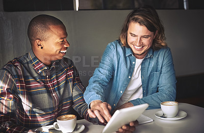 Buy stock photo People, tablet and talk on plan in cafe, teamwork and remote work for startup company. Freelance, collaboration and journalism in coffee shop, speaking and support on research for online article