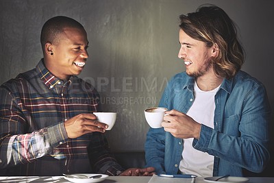 Buy stock photo Cafe, friends and coffee with discussion for notes, feedback and planning for english assignment. Campus, students and happy men with education for research, academic essay and book for brainstorming