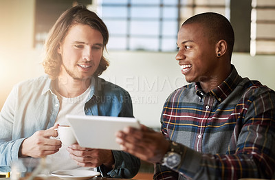 Buy stock photo Men, tablet and coffee for planning in cafe, teamwork and remote work for startup company. People, collaboration and drinking espresso for journalism, talk and support on research for online article