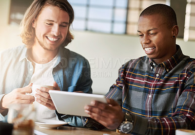 Buy stock photo People, tablet and coffee for meeting in cafe, teamwork and remote work for startup company. Men, collaboration and drinking espresso for journalism, talk and support on research for online article