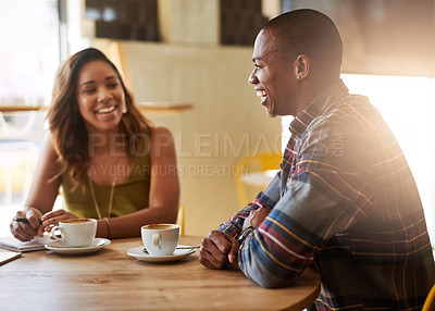 Buy stock photo Smile, couple laughing and talking in coffee shop for conversation, morning meeting or bonding together in restaurant. Happy man, woman and relax in cafe with tea cup for chat, news or funny story