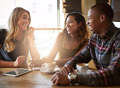 Buy stock photo Relax, group and friends in cafe, conversation and coffee shop with catch up, communication and talking. Reunion, happy man and women with sunlight, cappuccino and latte with discussion in restaurant