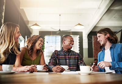 Buy stock photo Funny, group and friends drinking coffee in shop for conversation, talking or social gathering together in restaurant. Happy people, students and relax in cafe for chat, news or laugh at gossip story