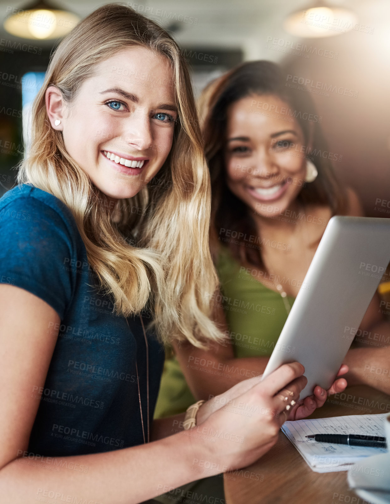 Buy stock photo Women, tablet and portrait for planning in cafe, teamwork and remote work for startup company. People, collaboration and journalism in coffee shop, speaking and support on research for online article