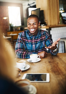 Buy stock photo African man, coffee shop and happy for funny, conversation and drink on breakfast break in morning. Male person, restaurant and talk with friends, smile and joke for bonding, relax and chat in cafe