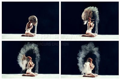 Buy stock photo Composite studio shot of a young woman leaving a trail of powder in the air by whipping her hair