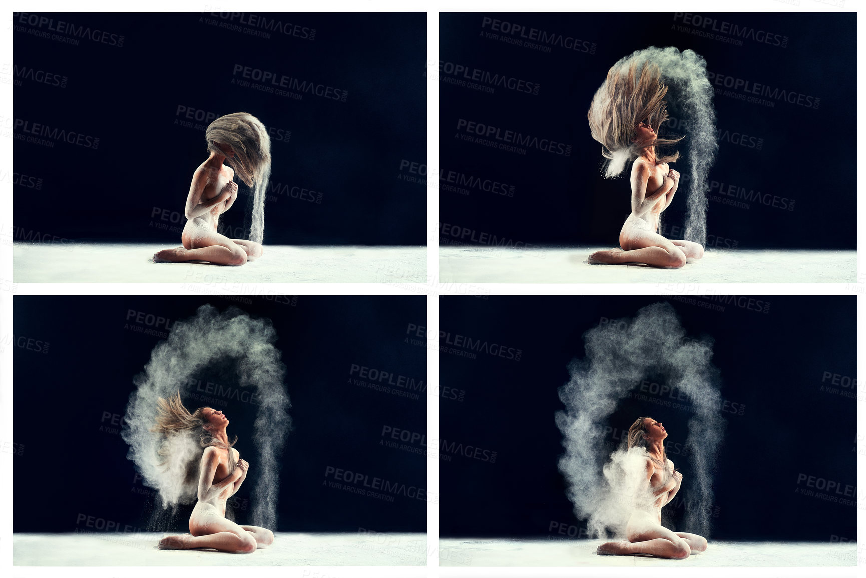 Buy stock photo Woman, body and dance with powder in studio for art, beauty or dust trail of hair wave, cloud or motion. Collage of female person, model or nude artist in flour with grace or emotion for performance