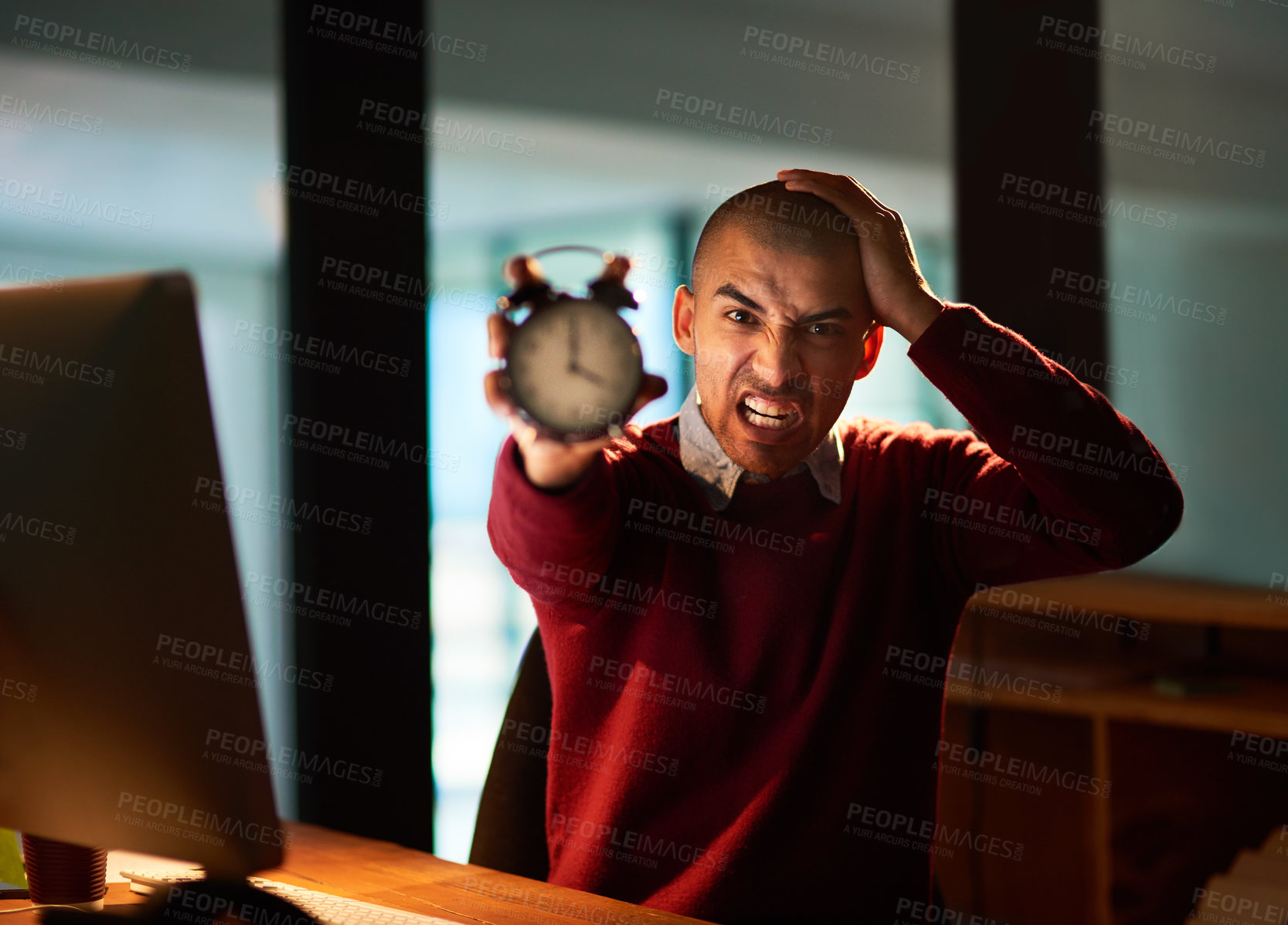 Buy stock photo Night, office and portrait of businessman with alarm clock stress, anger or frustrated by burnout crisis. Time management, fail or entrepreneur overwhelmed by workload, anxiety or deadline mistake