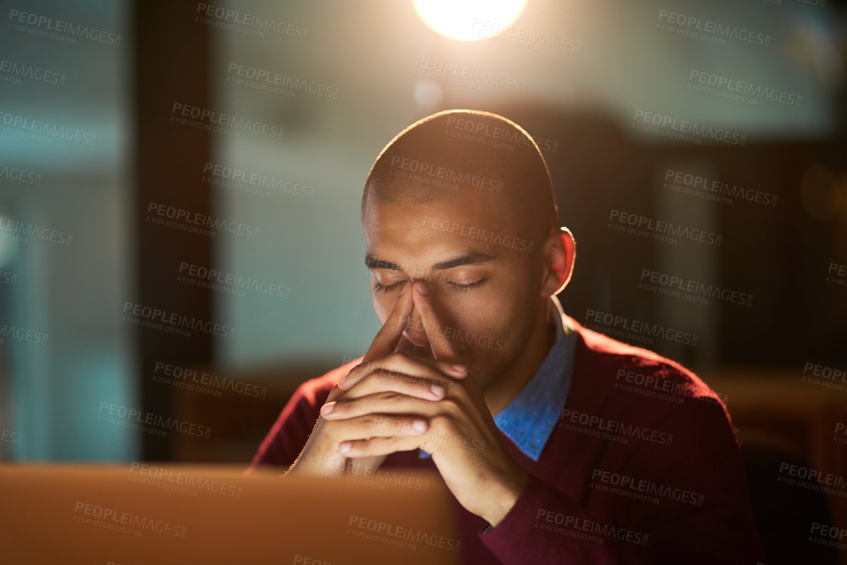 Buy stock photo Night, burnout or businessman with stress headache for laptop news of tax, audit or bankruptcy in office. Vertigo, anxiety or entrepreneur at startup frustrated by pc glitch, 404 or disaster mistake