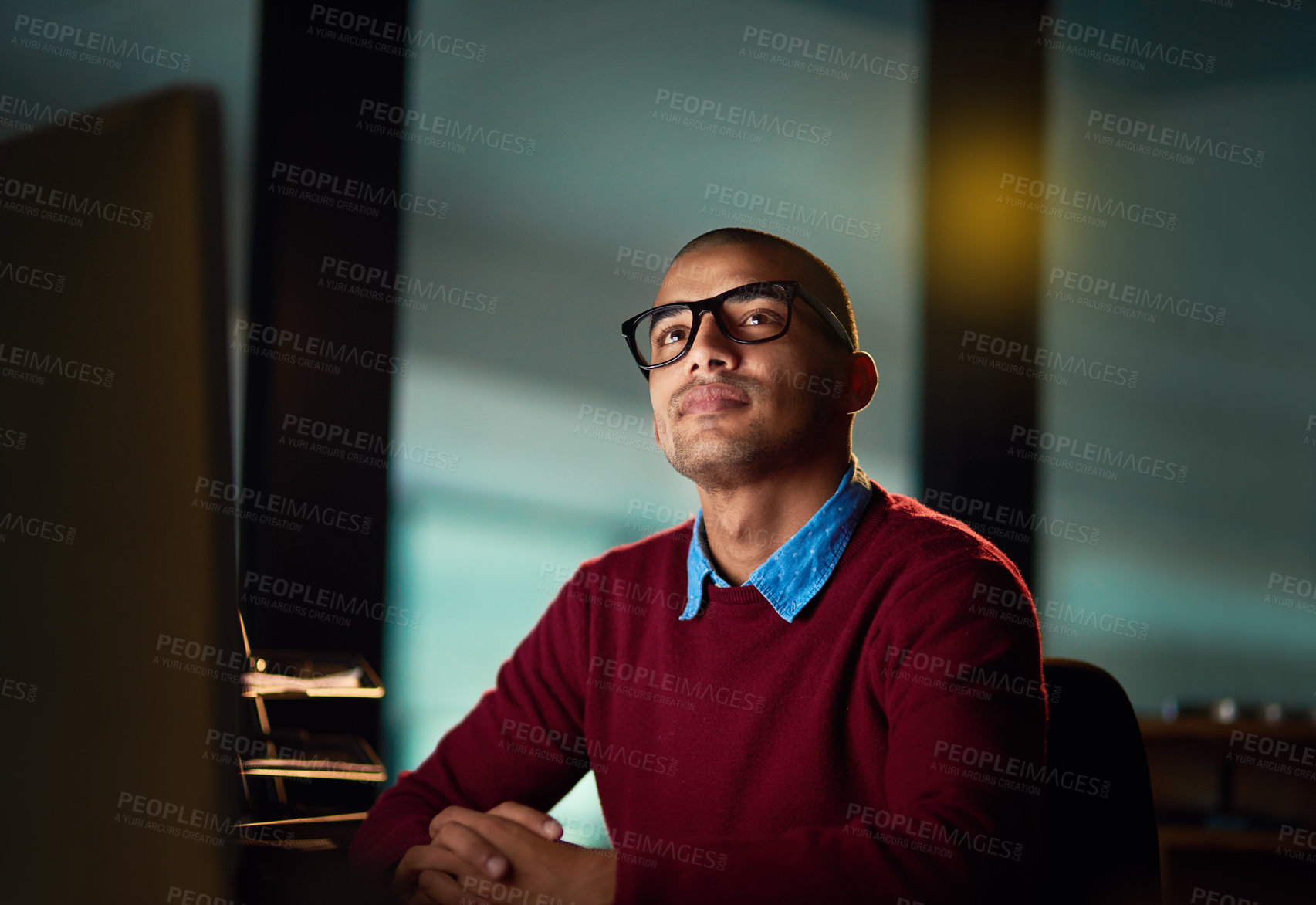 Buy stock photo Night, thinking and businessman with computer, glasses and ideas for online project at agency. Research, internet and consultant at desk with vision, inspiration and business planning in dark office