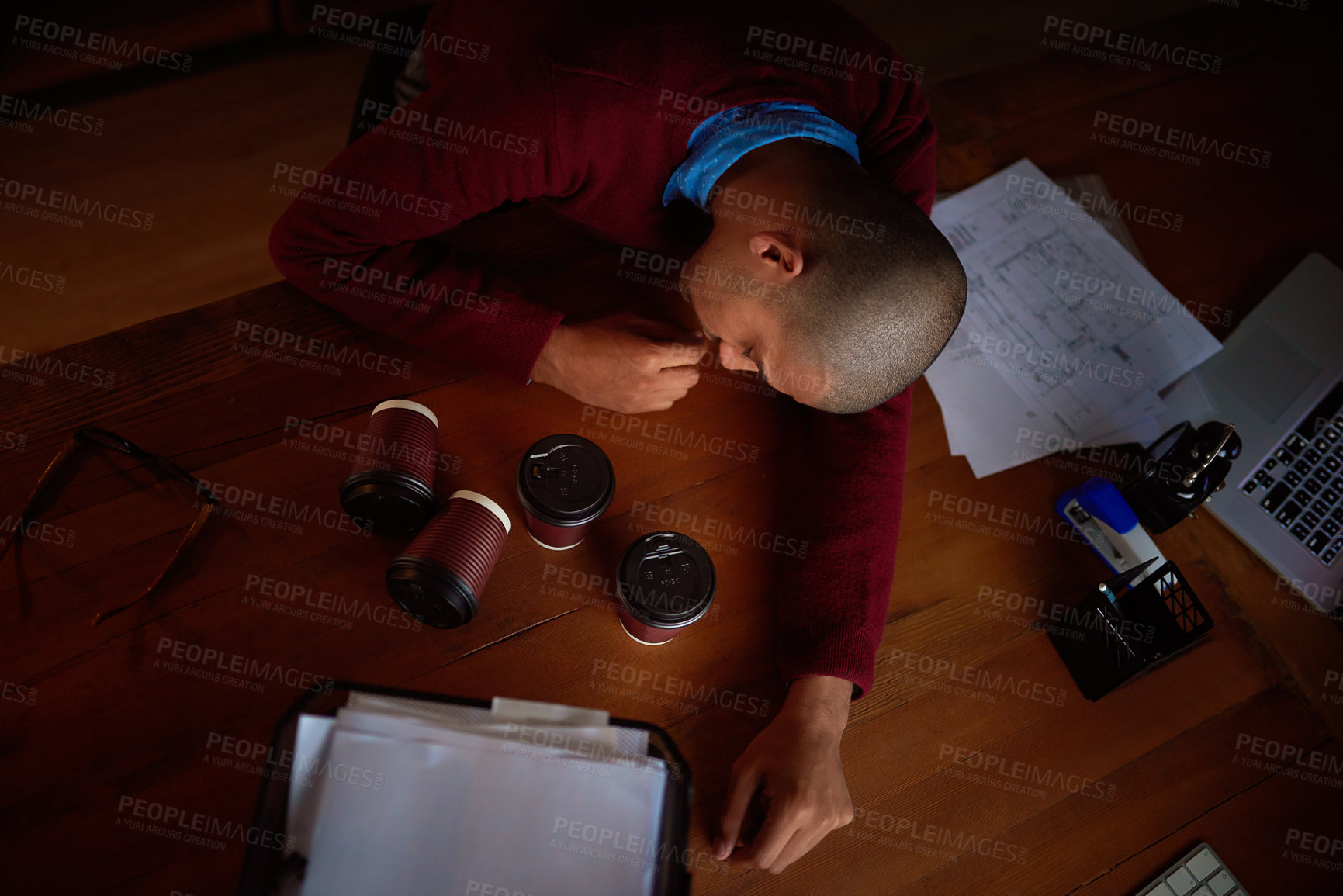 Buy stock photo Burnout, tired or businessman man sleeping on documents with coffee in top view night office fail. Sleep, nap or lazy auditor with compliance paperwork on table with exhaustion, fatigue or overworked
