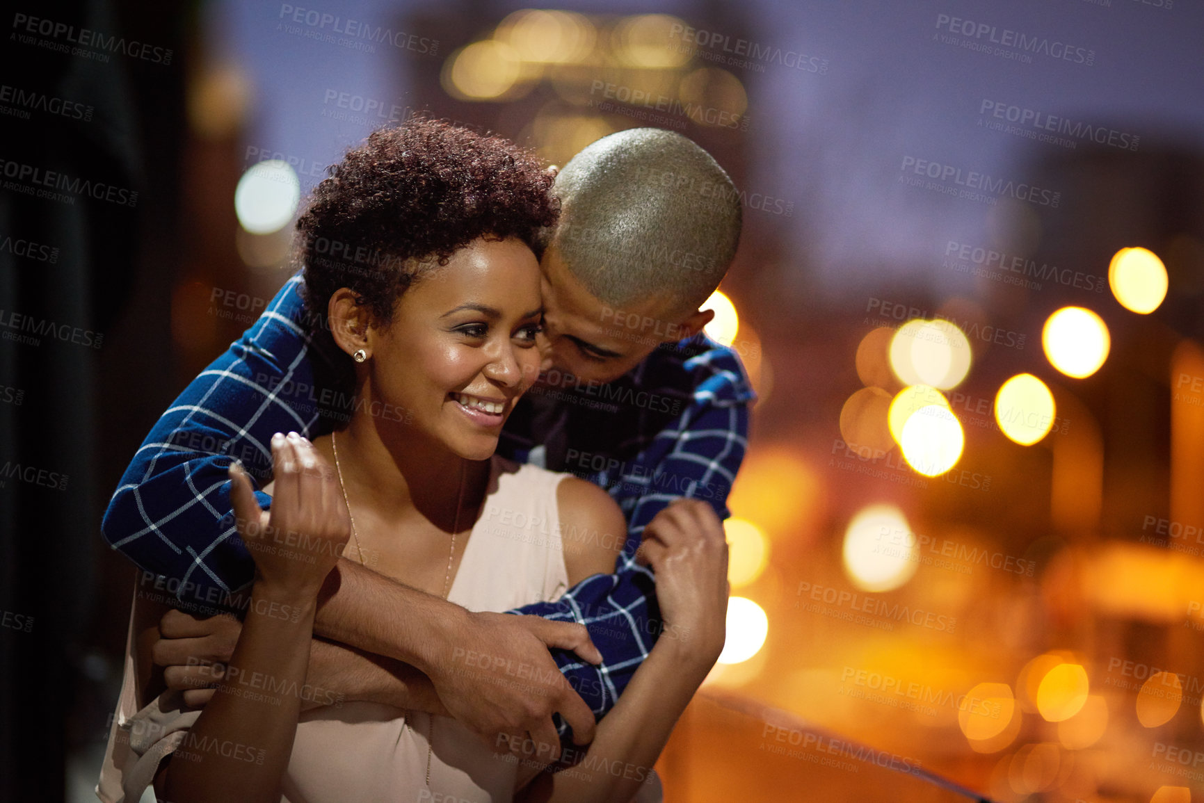 Buy stock photo Happy couple, hug and city street at night or travel downtown date for relationship, bokeh or evening. Man, woman and embrace in New York for holiday adventure or sightseeing trip, love or marriage