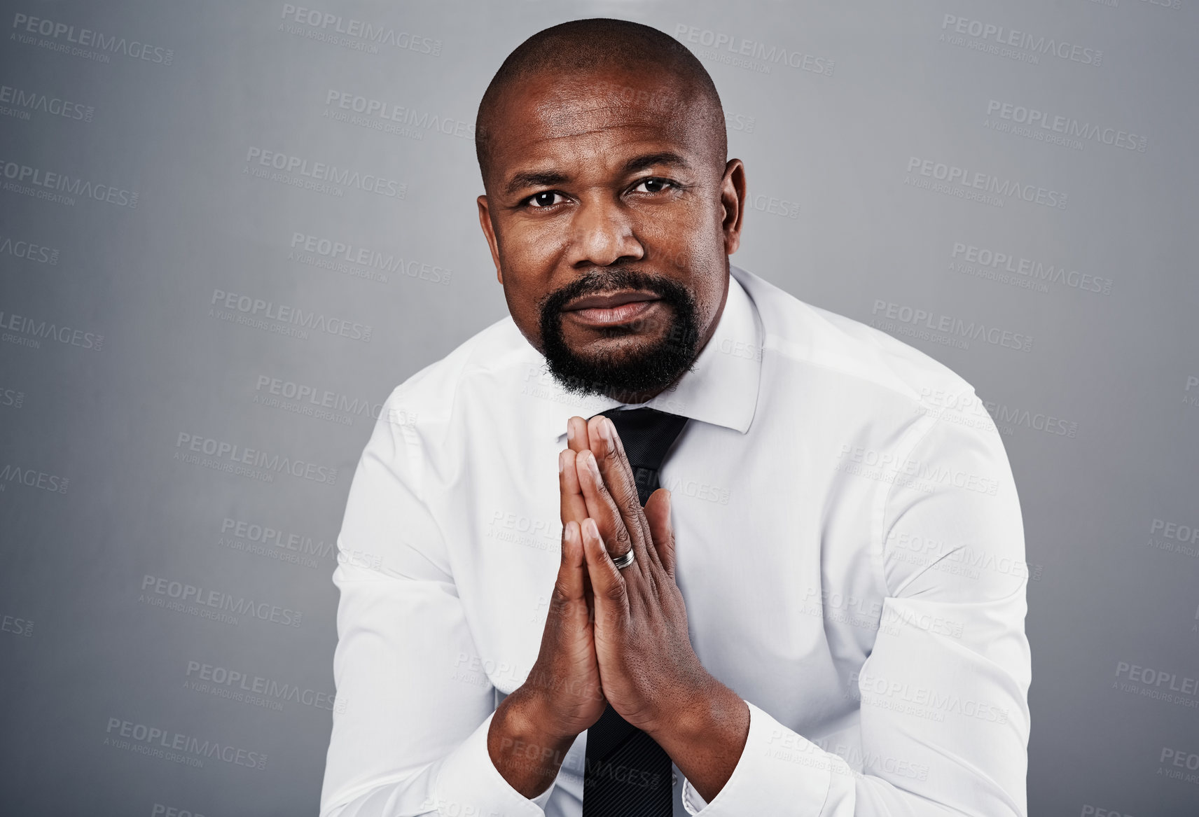 Buy stock photo Studio, black man and professional in portrait for career, confidence and legal advice for court. Male person, business solution and lawyer with pride for justice, corporate firm and gray background