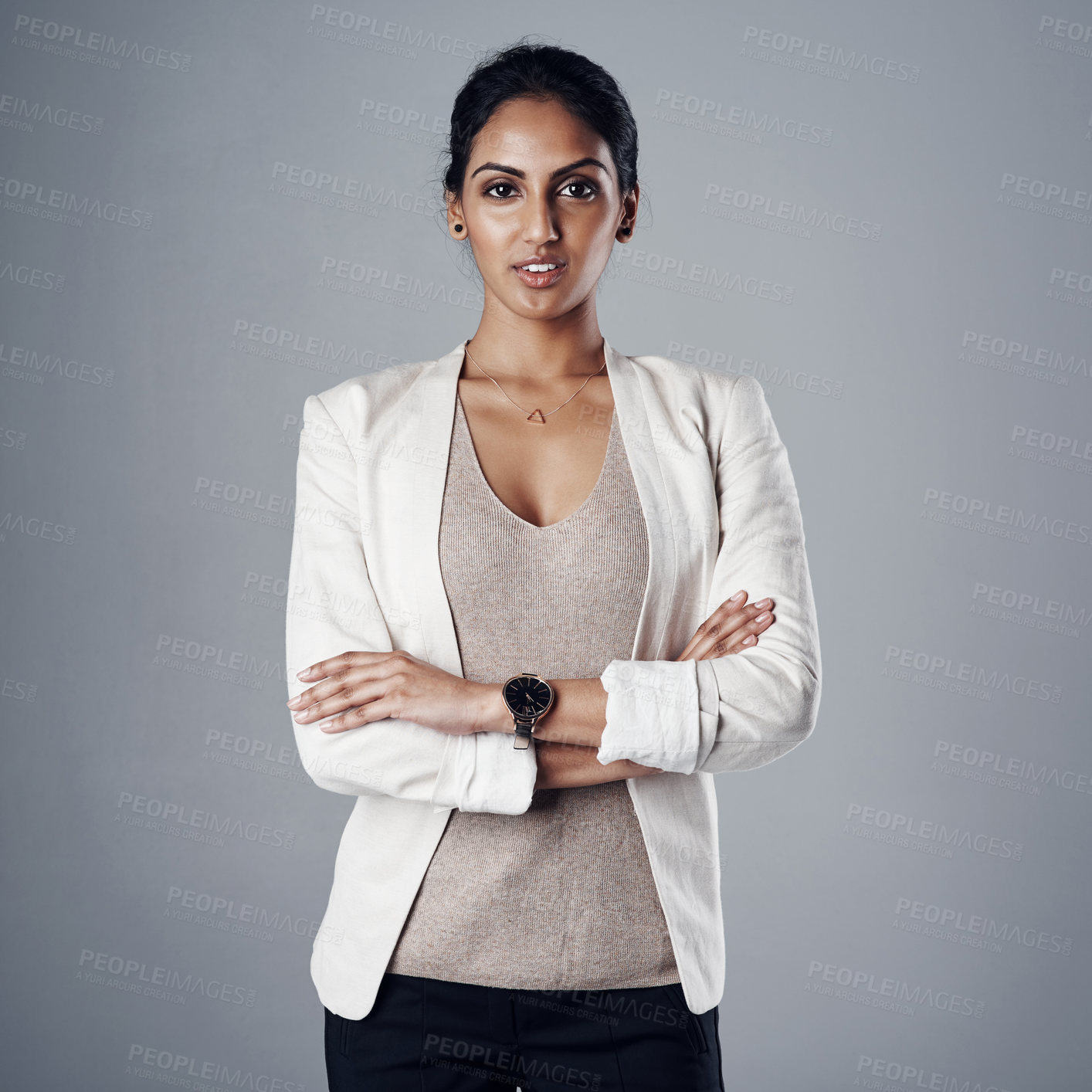 Buy stock photo Arms crossed, formal and portrait with business woman in studio isolated on gray background. Ambition, confident and corporate with professional employee Indian person at work for career development