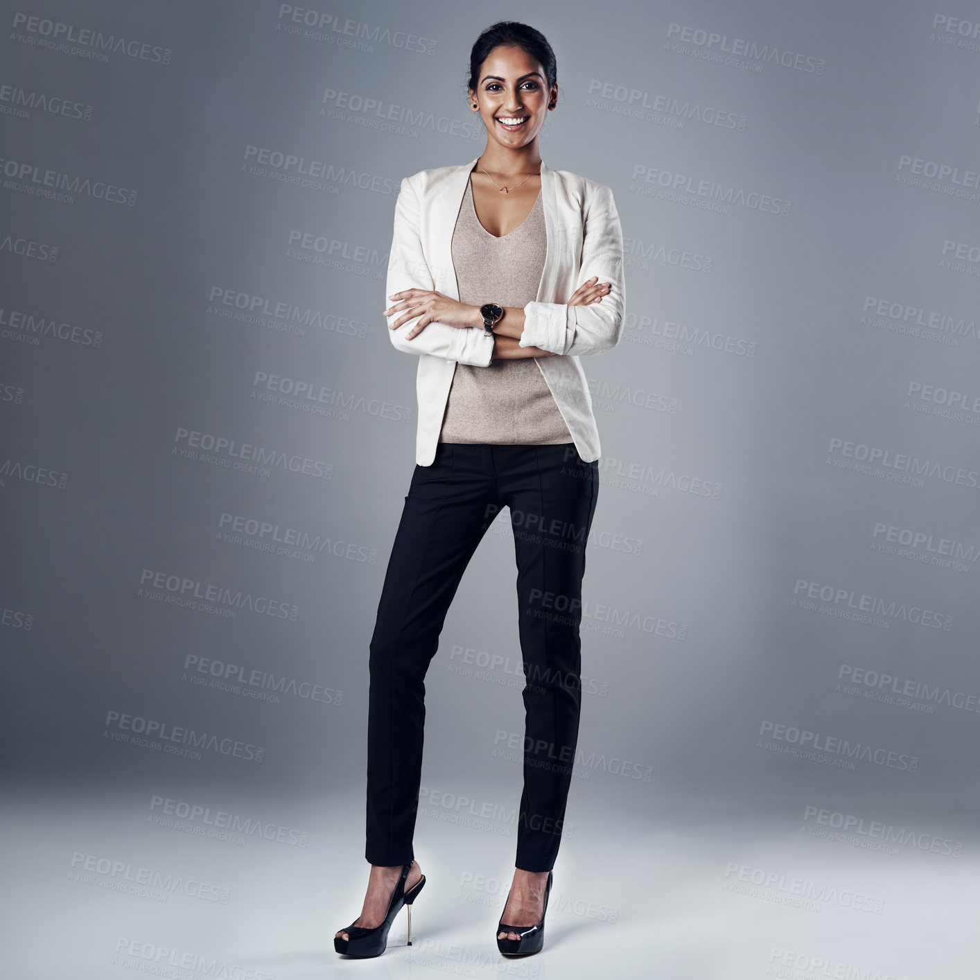 Buy stock photo Happy, arms crossed and portrait of business woman in studio for professional, natural or confidence. Smile, corporate and career with female employee on grey background for manager and pride