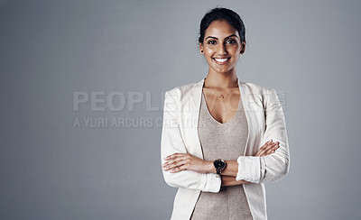 Buy stock photo Space, arms crossed and portrait of business woman in studio for professional, natural and mockup. Happy, corporate and career with face of female employee on grey background for manager and pride