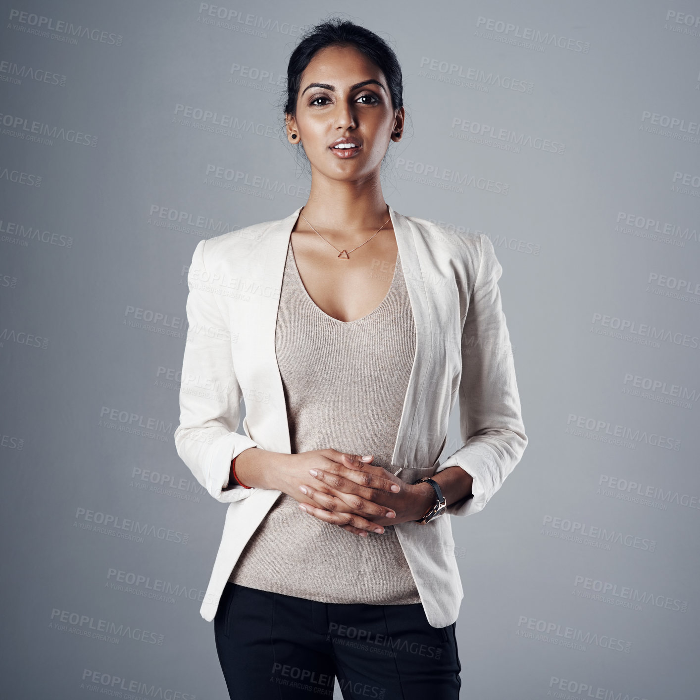 Buy stock photo Portrait, business woman and attorney with confidence, pride and isolated on grey studio background. Lawyer, model and professional for corporate law firm, mockup and legal employee with ambition