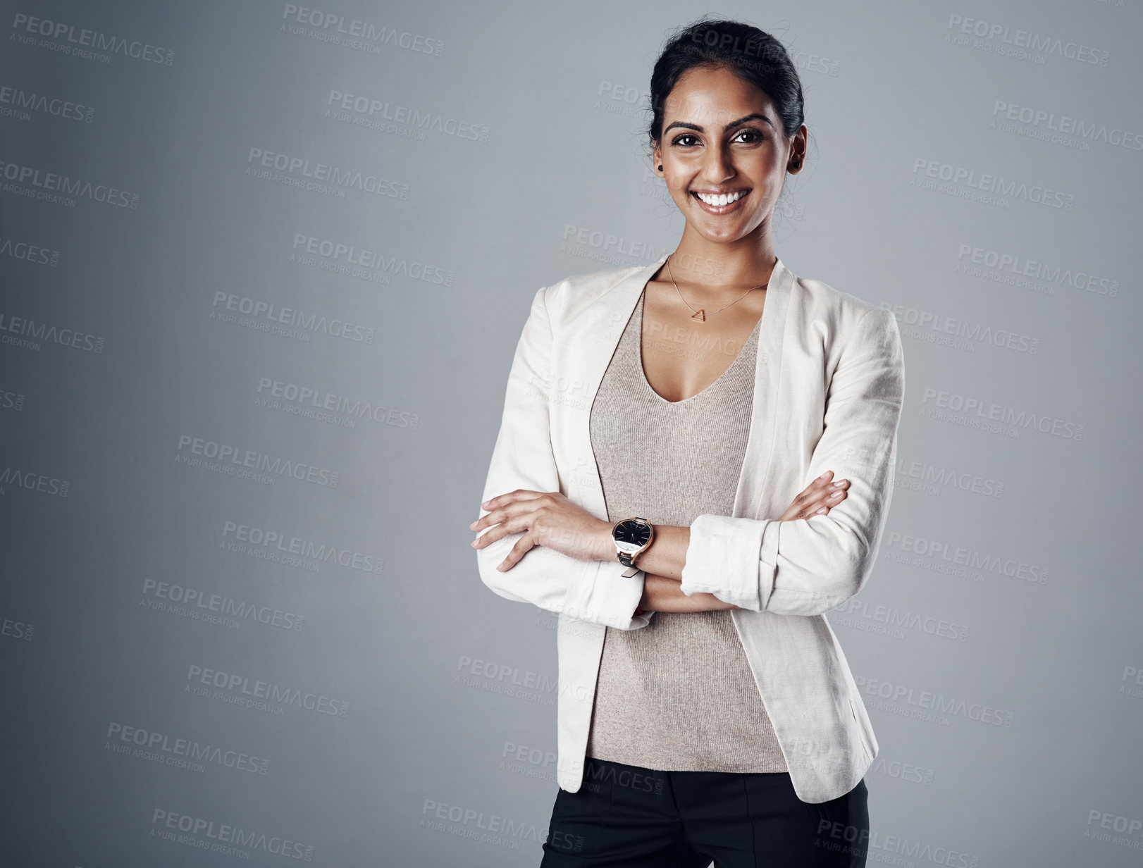 Buy stock photo Professional, arms crossed and portrait of business woman in studio for space, natural or confidence. Happy, corporate and career with face of female employee on grey background for manager and pride