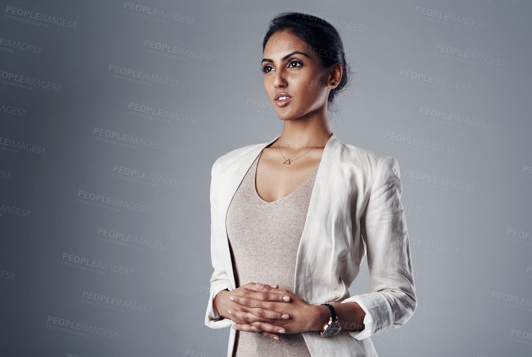 Buy stock photo Business, thinking and woman with confidence, choice and employee on gray studio background. Indian person, mockup space and consultant for ad agency, hands together and opportunity with solution