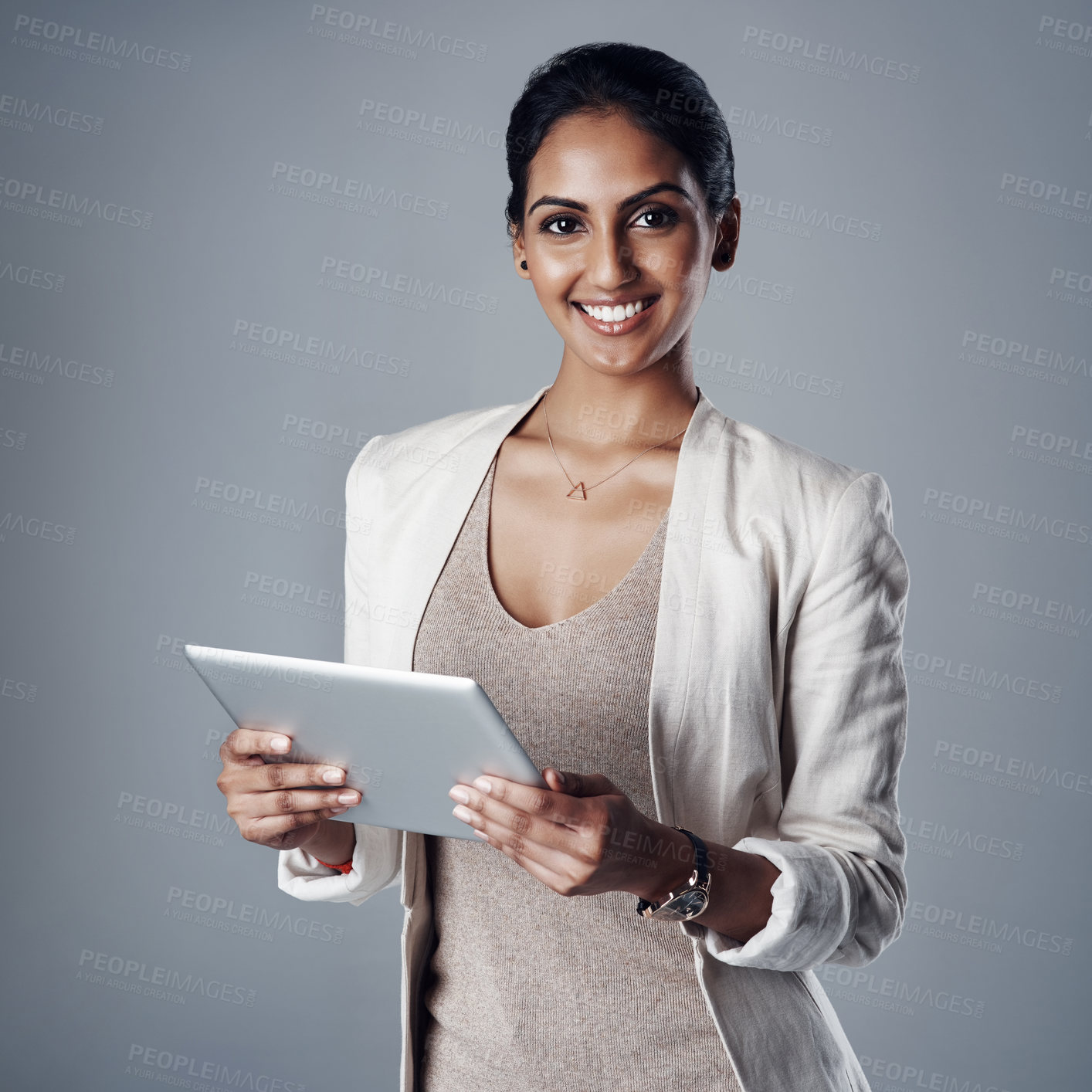 Buy stock photo Technology, portrait of a woman with a tablet and against a studio background for social networking. Online communication or connectivity, happy and businesswoman reading or writing an email