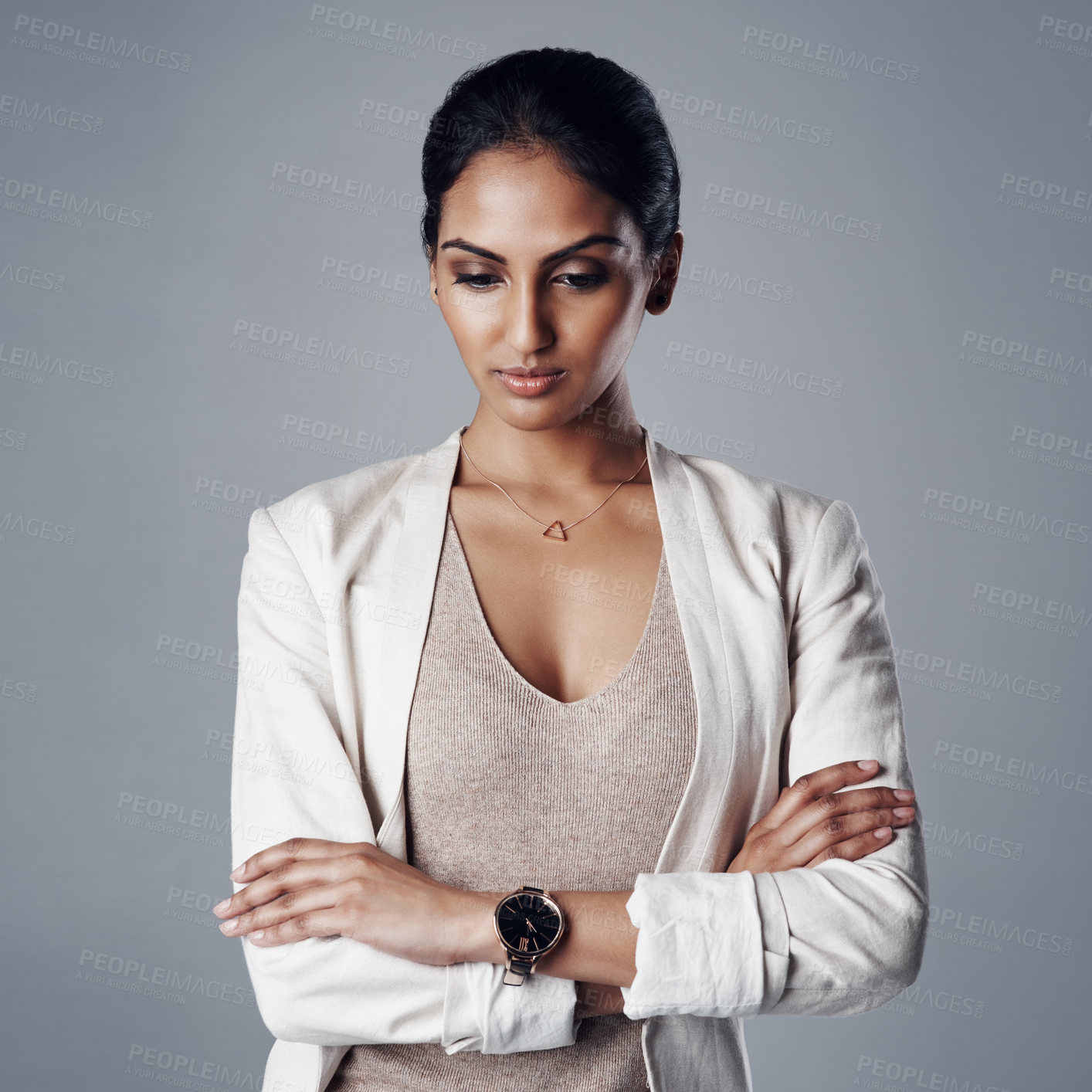 Buy stock photo Business, thinking and woman with arms crossed, decision and employee on gray studio background. Person, mockup space and consultant for ad agency, ideas and opportunity with choice and solution