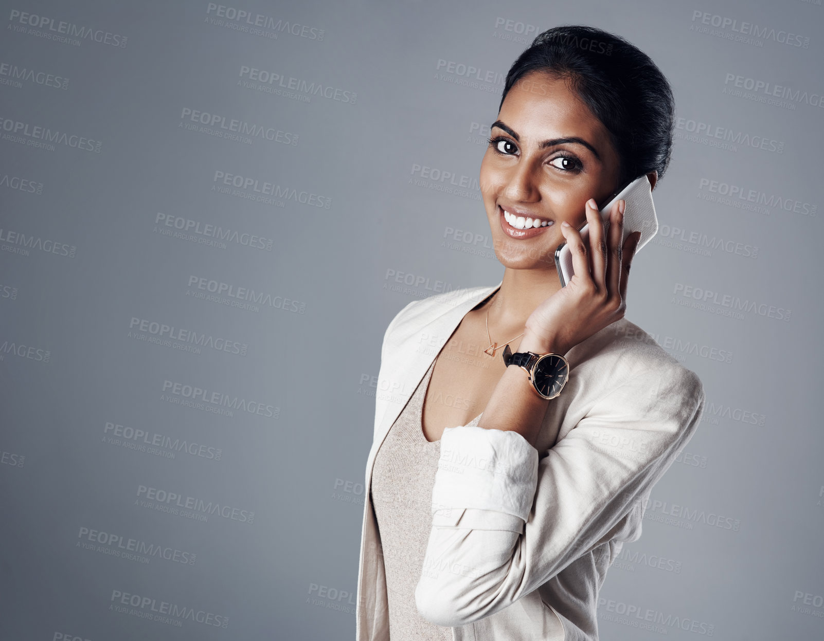 Buy stock photo Phone call, portrait and business woman in communication, conversation or contact with client, customer and corporate job. Talking, Indian professional and crm with mobile for b2b, work or discussion