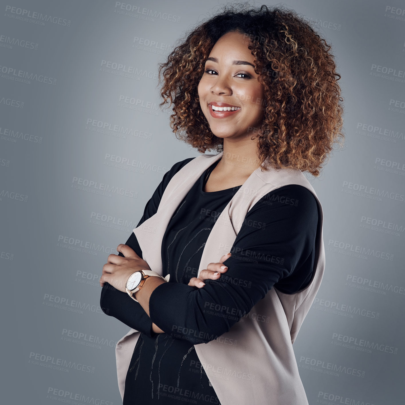 Buy stock photo Entrepreneur, arms crossed and portrait of business woman in studio for professional, natural or confidence. Happy, smile and career with face of employee on grey background for manager and pride