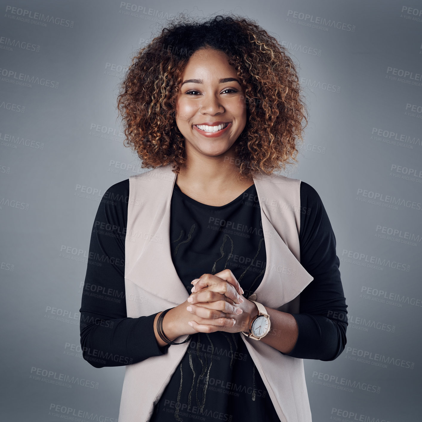 Buy stock photo Smile,  natural and portrait of business woman in studio for professional, entrepreneur or confidence. Happy, creative and career with face of female employee on grey background for manager and pride