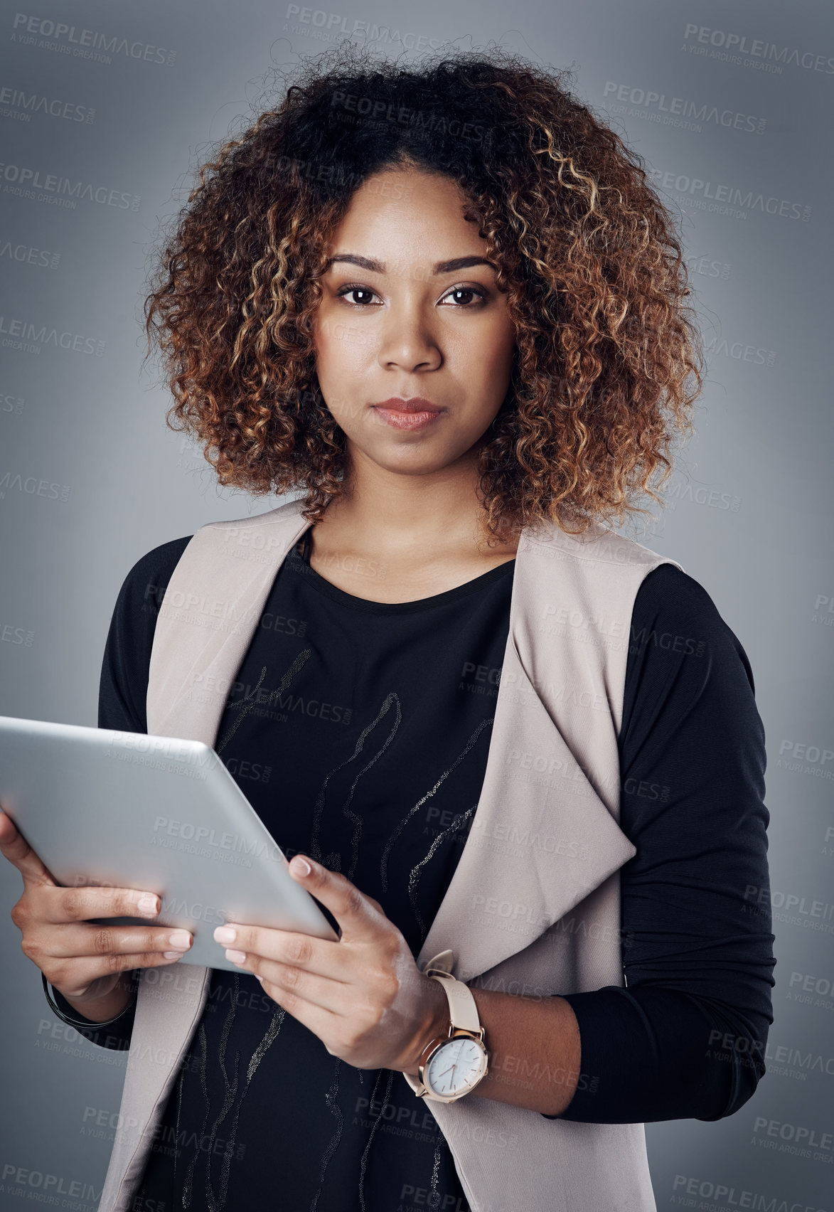 Buy stock photo Portrait, serious and tablet with business woman in studio on gray background for creative research. Design, internet and technology with confident African employee at work for online update