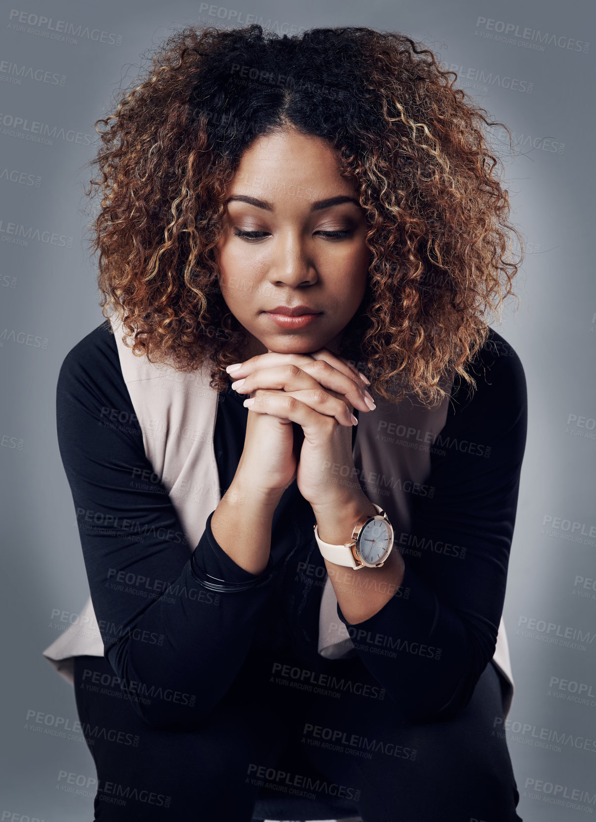 Buy stock photo Stress, thinking and young woman in studio with sorrow, grief or mental health problems. Sad, depression and tired female person sitting on a chair with her thoughts isolated by a gray background.