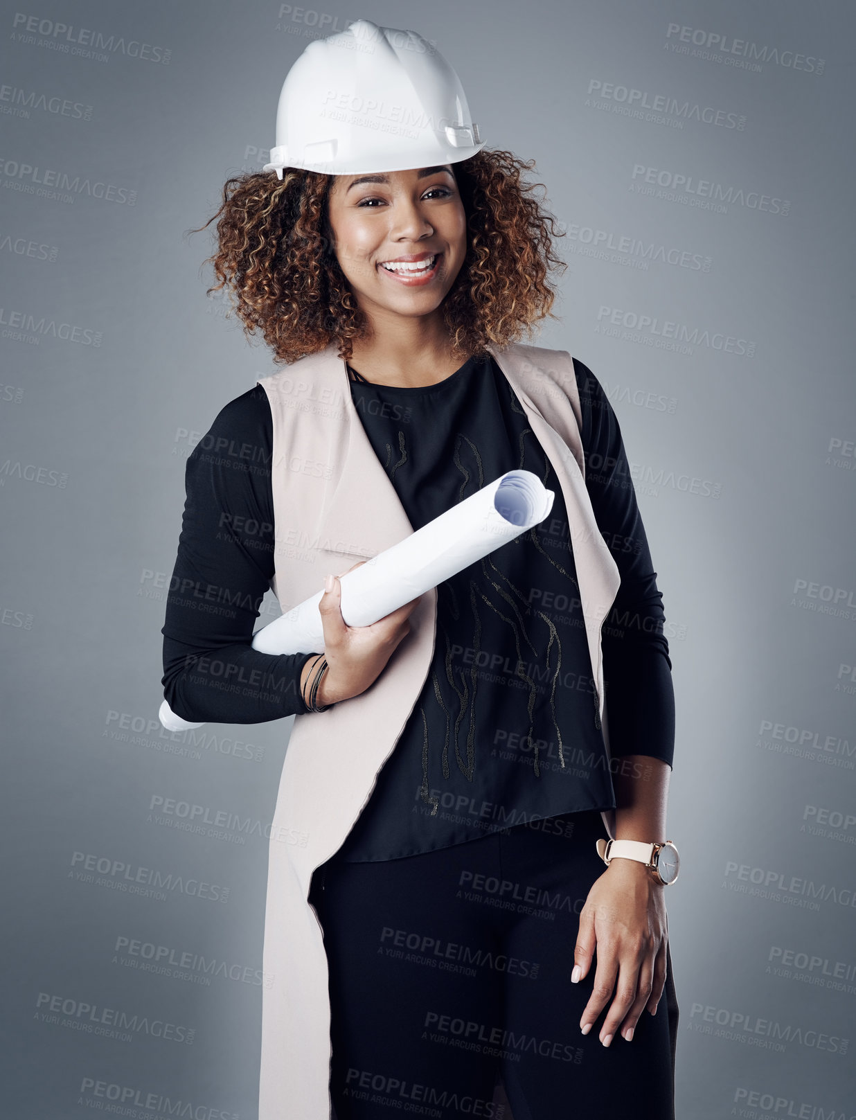 Buy stock photo Studio, businesswoman and portrait with blueprint for architecture, construction project or plans. Gray background, manager and architect with smile for building development, job or helmet for safety