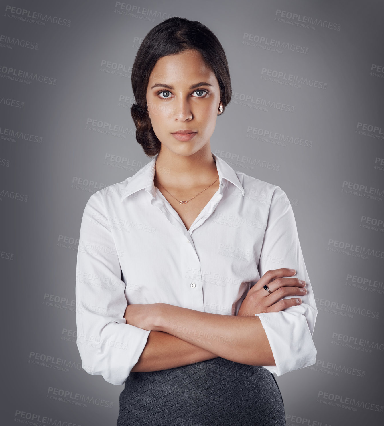 Buy stock photo Portrait, business woman and arms crossed with confidence, pride and isolated on grey studio background. Lawyer, model and professional for corporate law firm, mockup and legal employee with ambition