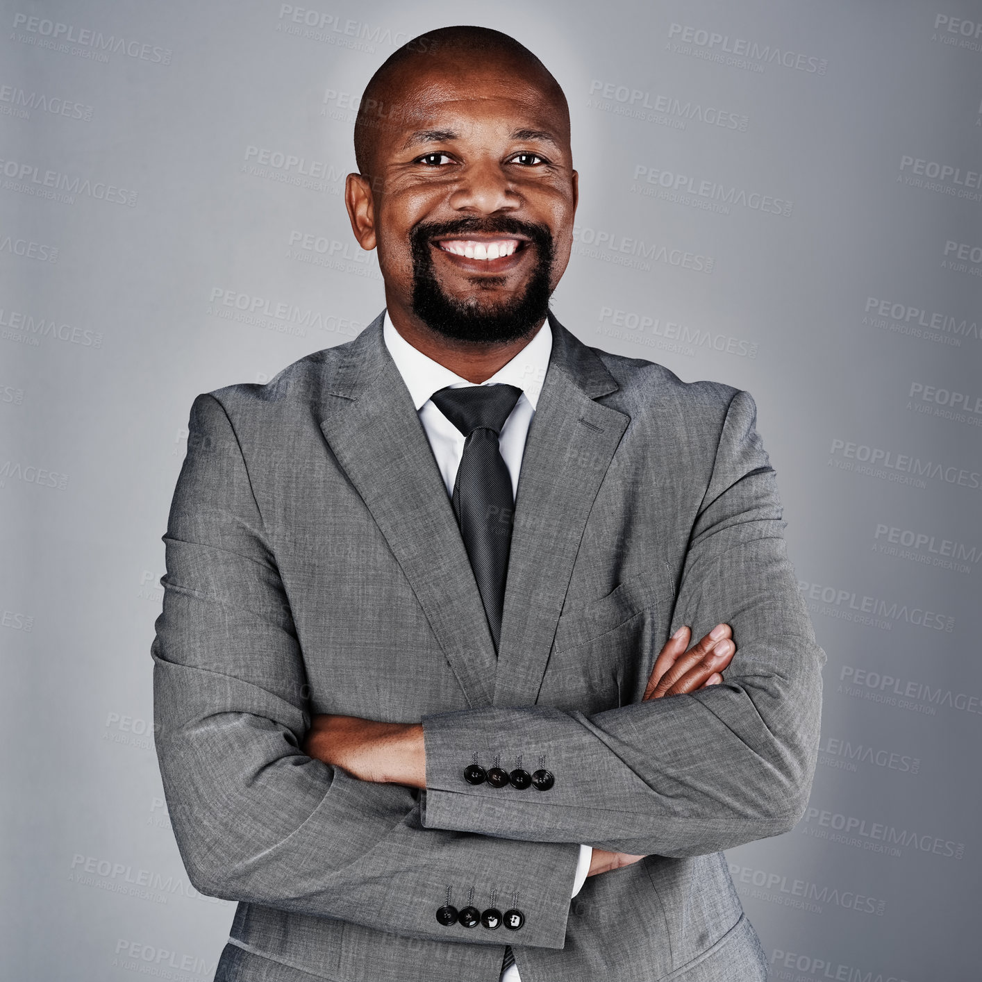 Buy stock photo Studio, black man and portrait with pride for solution, law firm and legal advice for court case. Arms crossed, business employee and lawyer with smile for justice, corporate job and gray background