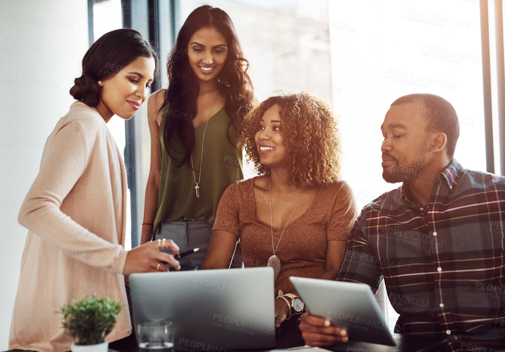 Buy stock photo Meeting, morning and business people on laptop and tablet for planning, teamwork and collaboration. Discussion, startup and people on digital tech for project feedback, research and website in office