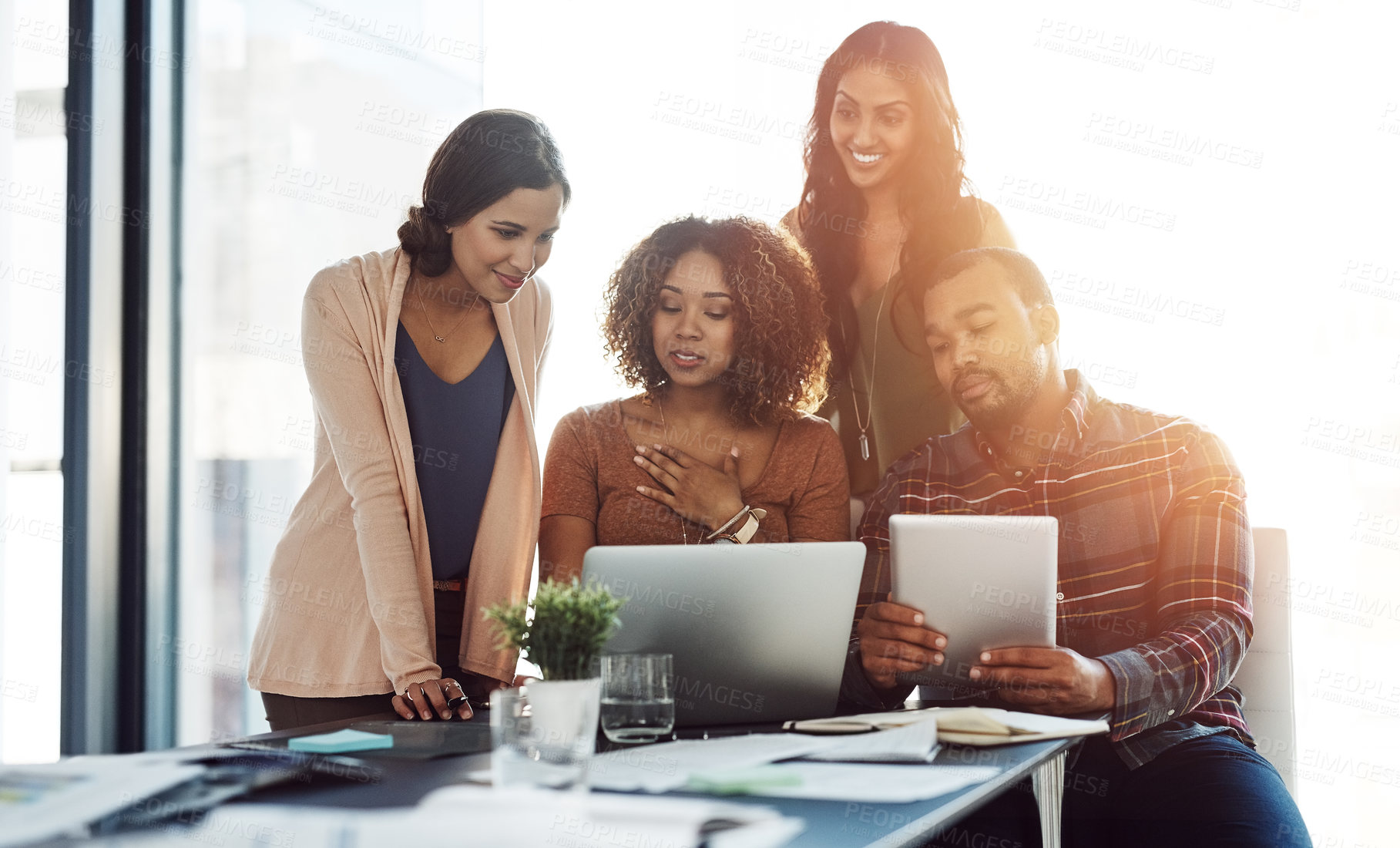 Buy stock photo Meeting, documents and business people on laptop and tablet for planning, teamwork and collaboration. Discussion, startup and people on technology for project feedback, research or website in morning