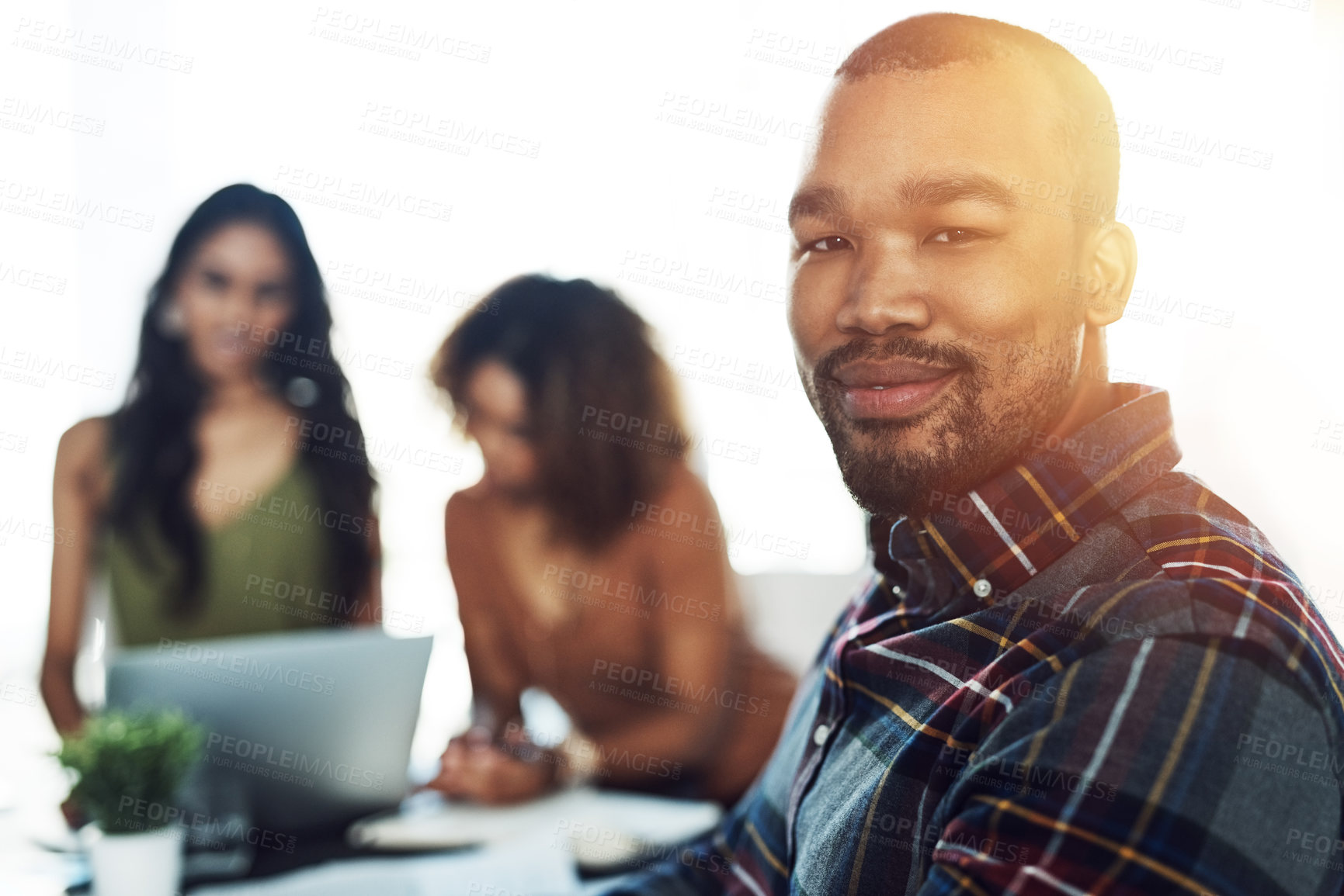 Buy stock photo Confidence, portrait and man in creative meeting with smile, business plan and diversity in office. Happy, professional and businessman in conference room with design team workshop at digital agency