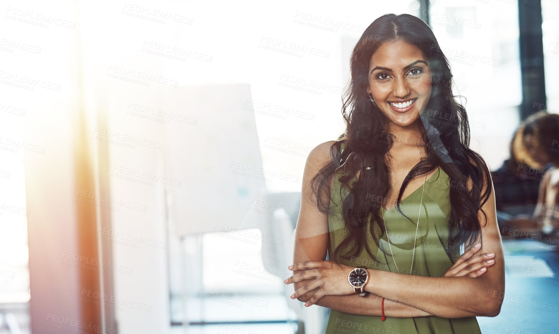 Buy stock photo Meeting, smile and portrait of Indian woman with confidence, glass reflection and manager at creative agency. Happy, workshop and design consultant in office with opportunity, pride and arms crossed