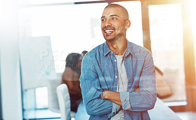 Buy stock photo Confidence, thinking and man in creative meeting with ideas, glass reflection and business plan in office. Happy, workshop and designer in conference room with opportunity, smile and arms crossed