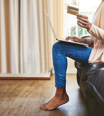 Buy stock photo Credit card, laptop and woman on sofa in home for online shopping, internet purchase and payment. Ecommerce, fintech and legs of person on computer for purchase website, sales and digital banking