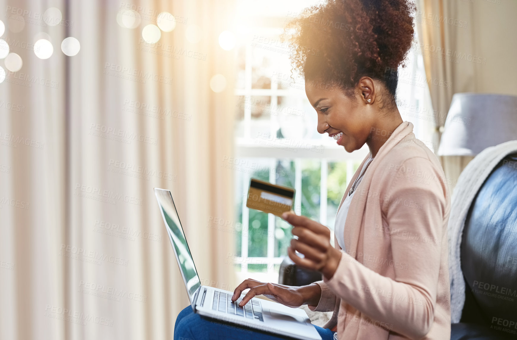Buy stock photo Credit card, laptop and happy black woman in home for online shopping, internet purchase and payment. Ecommerce, fintech and person on computer for website, sales and digital banking in morning