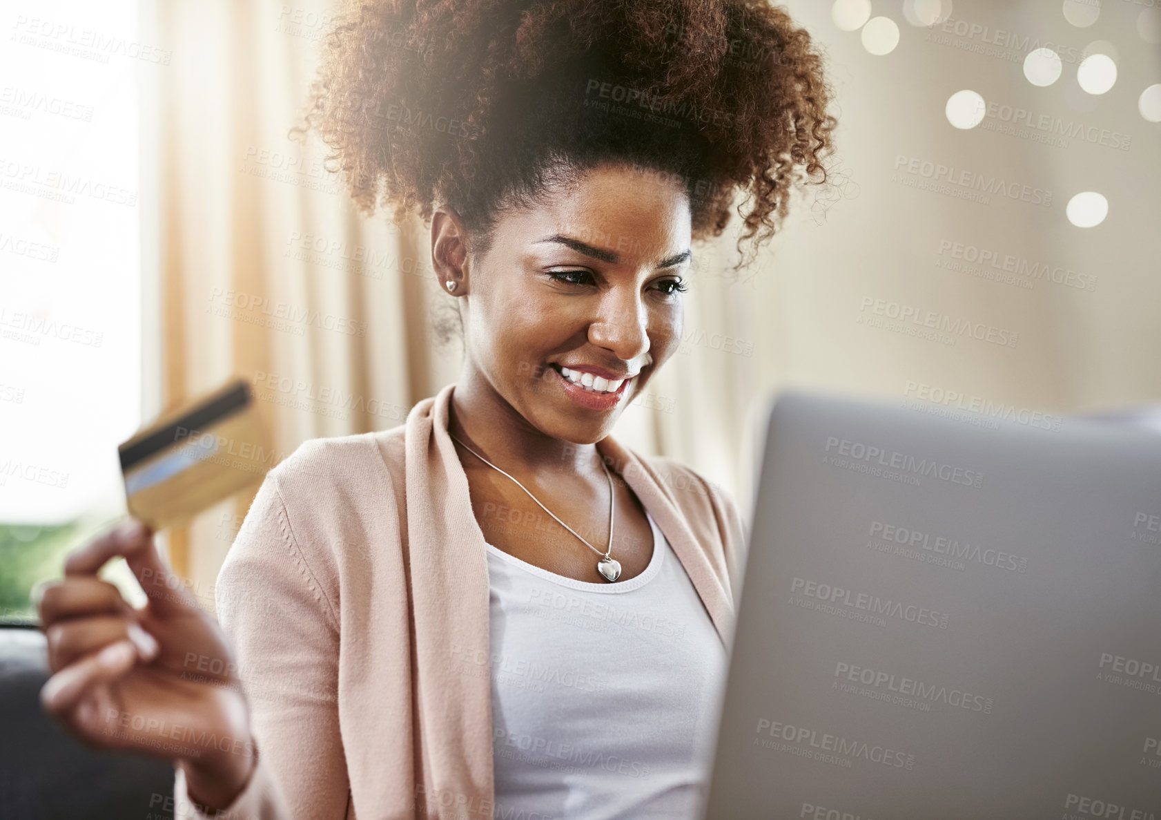 Buy stock photo Credit card, laptop and black woman in home for online shopping, internet purchase and payment. Ecommerce, fintech and happy person on computer for deal, discount and sale website for digital banking