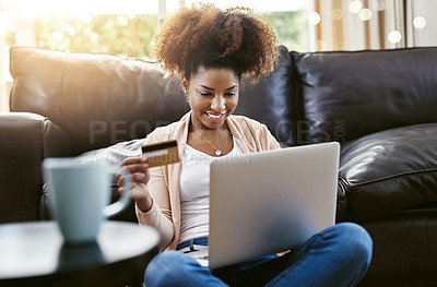 Buy stock photo Credit card, laptop and happy black woman for online shopping, internet purchase and payment. Ecommerce, fintech and person relax on computer for discount, sales and deal on digital banking website