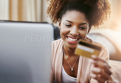 Buy stock photo Credit card, laptop and happy black woman on sofa for online shopping, internet purchase and payment. Ecommerce, fintech and person on computer for purchase website, sales and digital banking in home