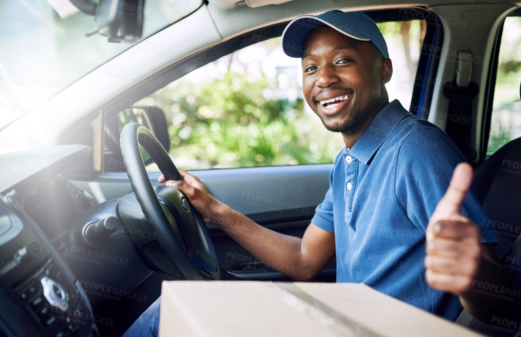 Buy stock photo African delivery man, thumbs up and boxes in car, portrait and smile for job in supply chain. Person, courier and driver with hand sign, emoji and symbol for good service, choice and transportation