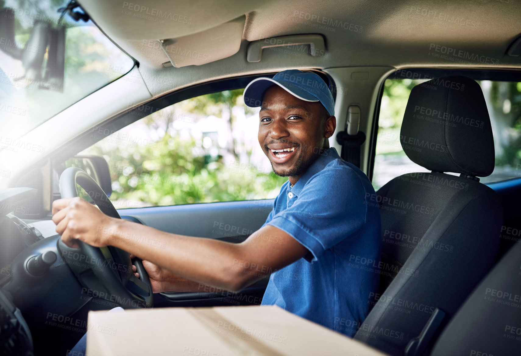 Buy stock photo African delivery man, driving and smile in car with boxes, stock and portrait at job in supply chain. Person, courier and driver in commercial vehicle for cardboard package, shipping and transport