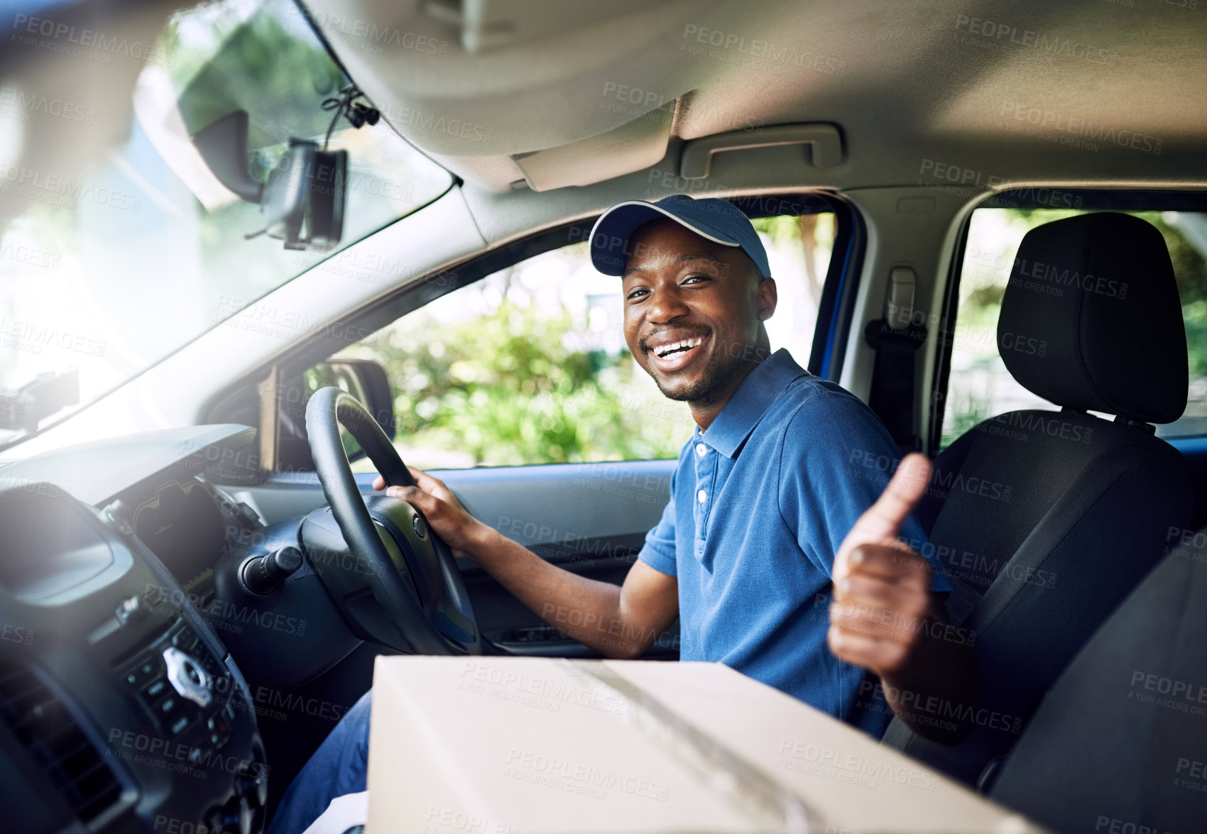 Buy stock photo Black man, courier and thumbs up in car for boxes, portrait or smile for job in supply chain. Person, package and happy for delivery with sign, emoji or symbol for good service, choice or transport