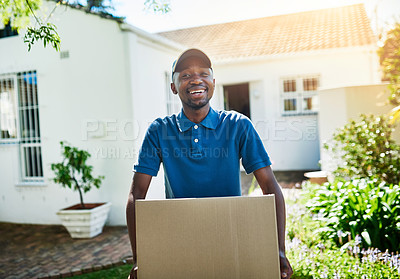 Buy stock photo Portrait, outdoor and black man with box, package and sunshine with courier, supply chain and shipping. African person, face and employee with cardboard, logistics and parcel with service or delivery