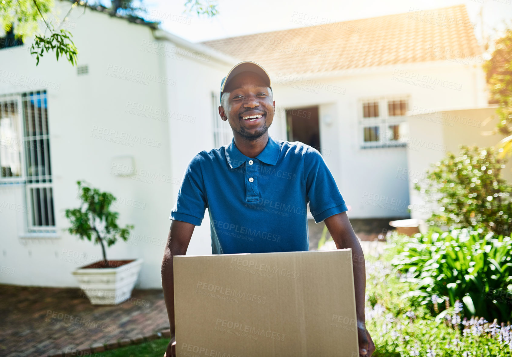 Buy stock photo Portrait, outdoor and black man with box, package and sunshine with courier, supply chain and shipping. African person, face and employee with cardboard, logistics and parcel with service or delivery