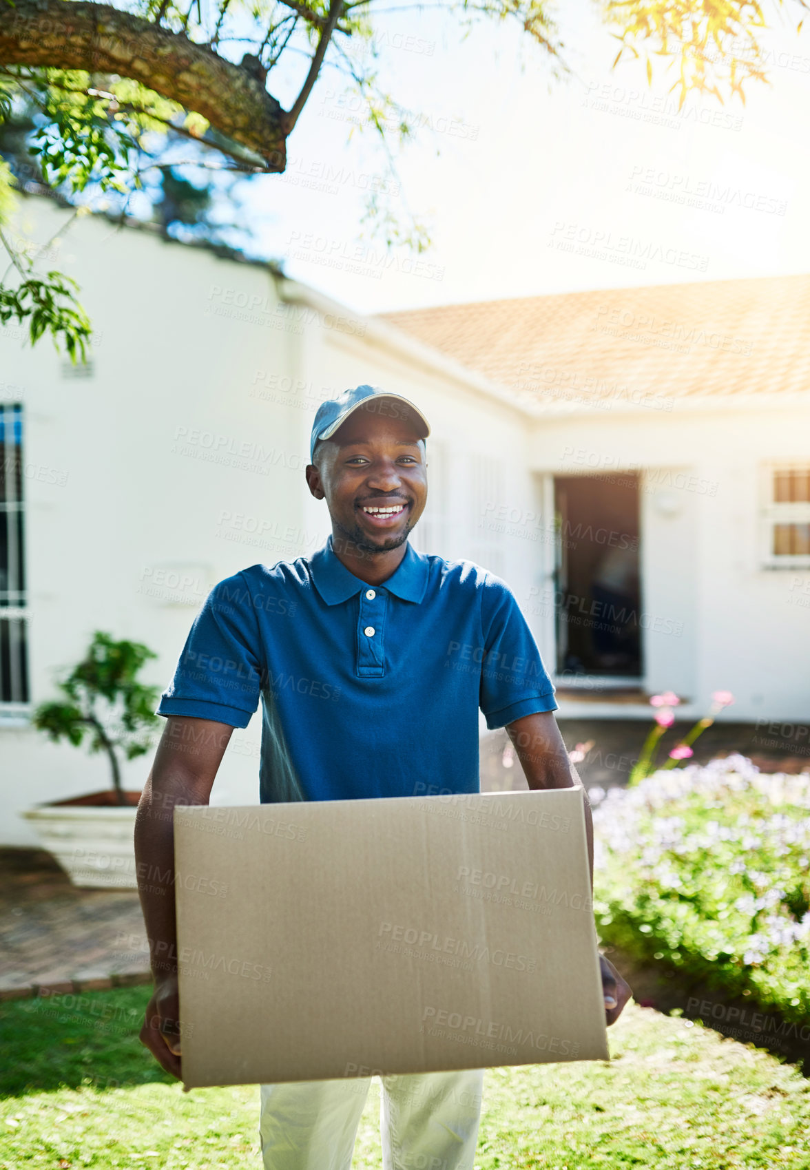 Buy stock photo Portrait, outdoor and black man with box, smile and sunshine with courier, product and shipping. African person, face and happy employee with cardboard, package and parcel with service and delivery